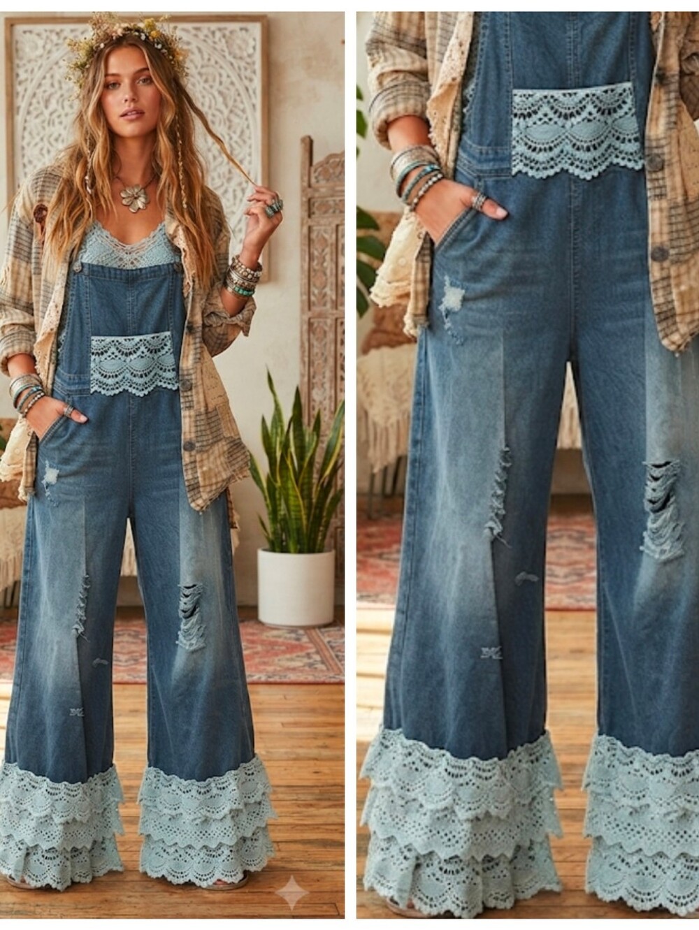 Boho crochet Ruffle Distressed Overalls